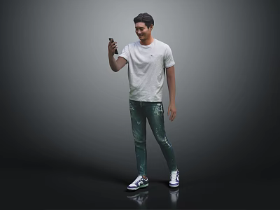 A Man Wearing White T-shirt And Green Graffiti Jeans Holding Phone Against Black Background 3d model