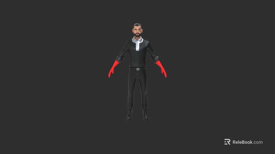 Man As 3D Character In Black Outfit With Red Gloves And White Collar 3d model 