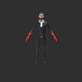 Man As 3D Character In Black Outfit With Red Gloves And White Collar