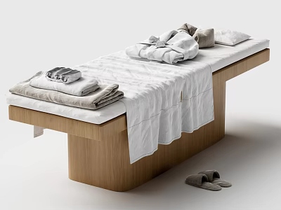 Comfortable Massage Bed with Wooden Frame White Sheets Folded Towels Blankets and Side Slippers 3d model