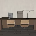 Modern Brown Office Desk With Computer Monitor Desk Lamp And Wooden Chairs