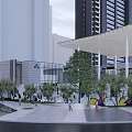 Modern Urban Plaza With Pedestrians Greenery And Architectural Canopy Design