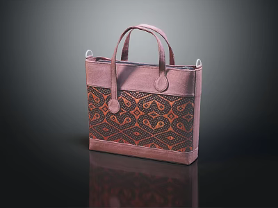 Elegant Pink Handbag With Intricate Brown Orange Patterns And Leather Handles 3d model