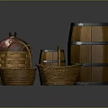 Wooden Barrels And Wicker Baskets As Practical Household Storage Items 3d model