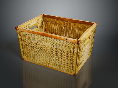 Handwoven Wicker Storage Basket With Wooden Frame And Side Handles For Household Use 3d model