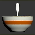 Bowl of Instant Noodles With Orange Soup White Bowl Orange Rim And Silver Spoon