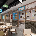 Vibrant Asian Restaurant Interior With Colorful Signs Hanging Lights Blue Tiled Walls And Wooden Tables