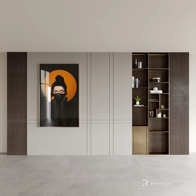 Sofa Backdrop Wall Featuring Framed Artwork Gray Panel Dark Stripes And Wooden Storage Cabinets 3d model 