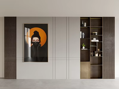 Sofa Backdrop Wall Featuring Framed Artwork Gray Panel Dark Stripes And Wooden Storage Cabinets 3d model
