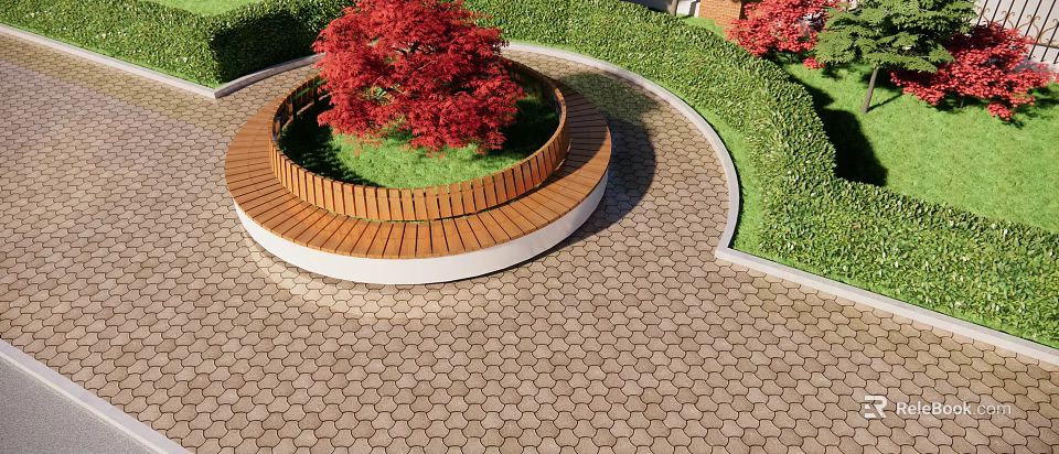 Wooden Outdoor Chair with Circular Design Surrounded by Red Trees and Green Shrubs in Garden 3d model 