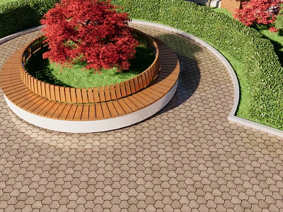 Wooden Outdoor Chair with Circular Design Surrounded by Red Trees and Green Shrubs in Garden 3d model