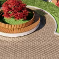 Wooden Outdoor Chair with Circular Design Surrounded by Red Trees and Green Shrubs in Garden