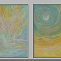 Two Panel Contemporary Abstract Paintings With Soft Yellow Blue Pink Hues And Flowing Swirl Patterns