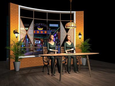Cafe Interior Design With Brick Wall Large Window Night View Plants And Wall Lamps 3d model