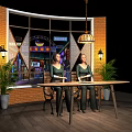 Cafe Interior Design With Brick Wall Large Window Night View Plants And Wall Lamps