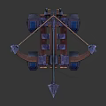 Medieval Mechanical Weapon with Wooden Brown and Blue Metal Components and Wheeled Design