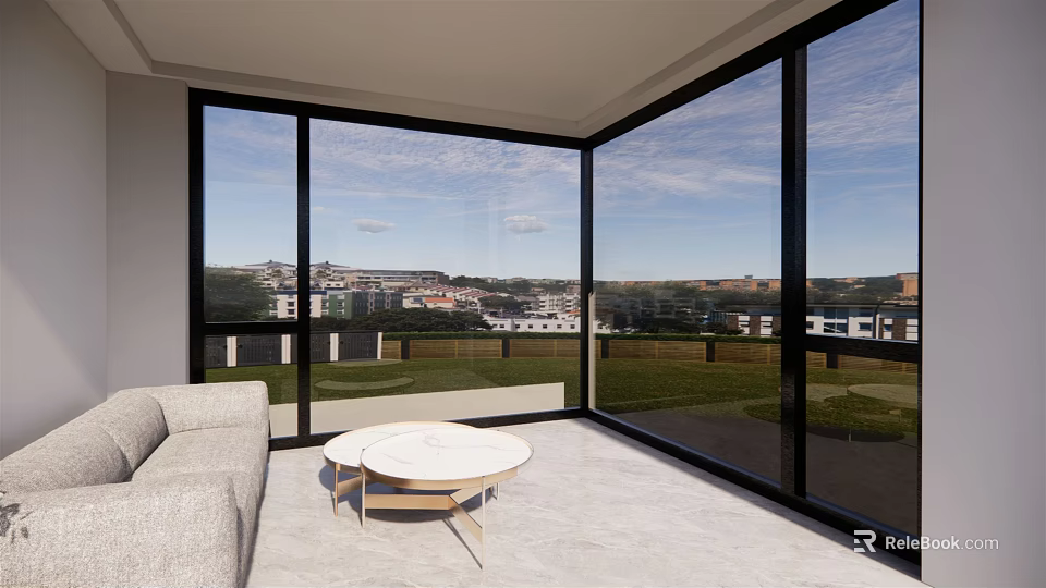 Modern Living Room With Floor To Ceiling Windows Sofa Round Coffee Table And City View 3d model 
