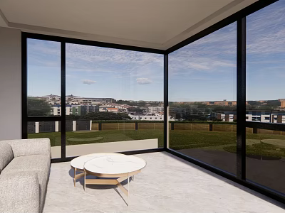 Modern Living Room With Floor To Ceiling Windows Sofa Round Coffee Table And City View 3d model