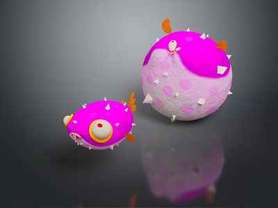Two Cartoon Pufferfish Characters With Pink White Bodies Spikes And Orange Fins 3d model