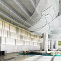 Modern Lobby Reception Desk Design With Green Plants Columns And Soft Lighting