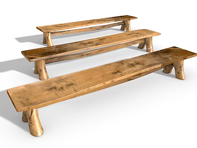 Three Rustic Wooden Leisure Chairs With Natural Wood Grain And Cylindrical Legs 3d model