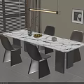 Modern Dining Table Set with Marble Top Brown Black Chairs Vase Fruit Bowl Pendant Light