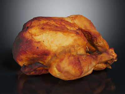 Golden Brown Roasted Chicken With Crispy Skin And Glistening Texture On Dark Reflective Surface 3d model
