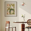 Modern Dining Table With Chairs Vase Flowers Wall Art Pendant Lamp Greenery And Natural Light