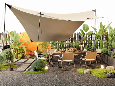 Outdoor Landscape Seating With Canopy Green Plants Table Gravel Ground And Decorative Lights 3d model