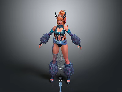 Fantasy Female 3D Model Character With Orange Hair Horned Accessories And Fluffy Fur Outfit 3d model