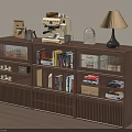 Wooden Sideboard with Open Closed Compartments Storage Coffee Machine Lamp and Books