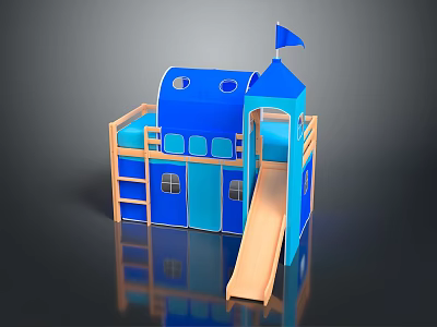 Blue Castle Shaped Two Level Play Equipment With Wooden Slide Flag Windows And Door 3d model