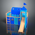 Blue Castle Shaped Two Level Play Equipment With Wooden Slide Flag Windows And Door
