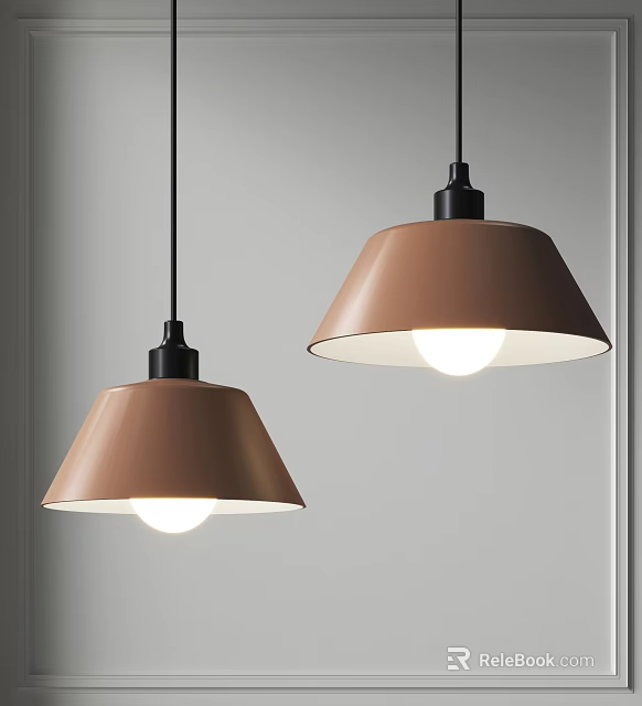 Two Brown Conical Shade Pendant Lights Illuminated On Gray Wall Background 3d model