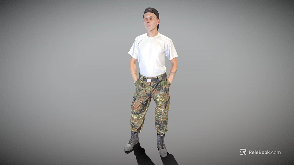 Male Character With White T-Shirt Camouflage Pants Black Boots Hands In Pockets Against Gray Background 3d model 