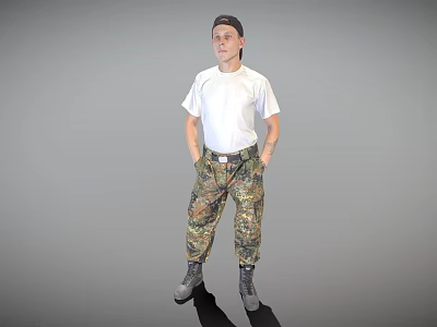 Male Character With White T-Shirt Camouflage Pants Black Boots Hands In Pockets Against Gray Background 3d model