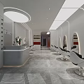 Modern Hair Salon With Starry Ceiling Purple Walls Orange Lighting Barber Chairs And Product Shelves