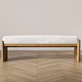 Stylish Wooden Frame Bench With White Upholstered Seat On Herringbone Floor
