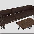 People Sitting on Brown Leather Sofa with Wooden Coffee Table on Wheels