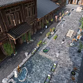 Traditional Commercial Landscape With Stone-paved Courtyard Green Plants And Wooden Architecture