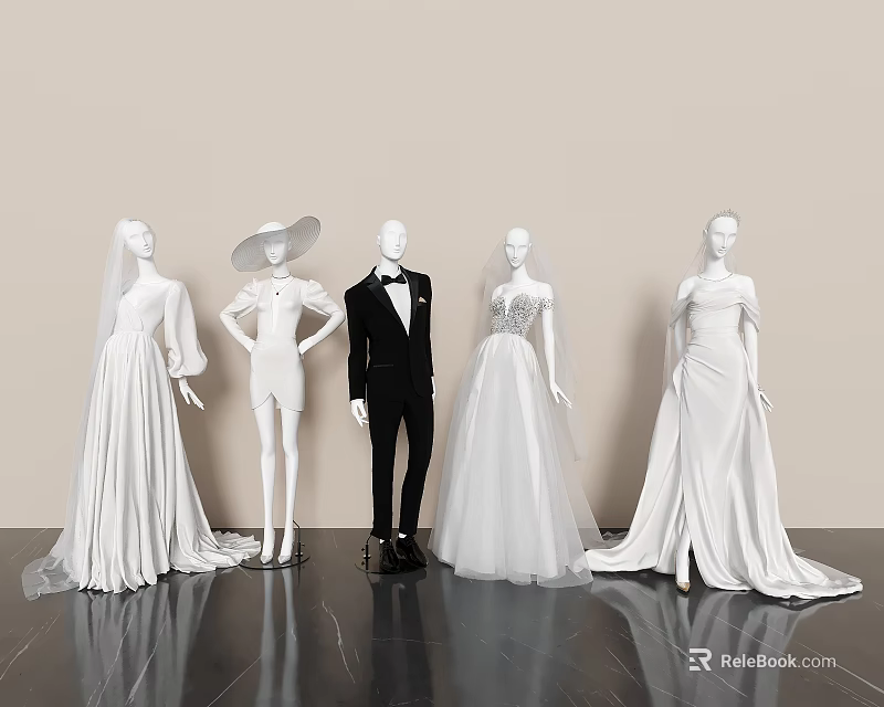 Elegant Mannequins Display White Wedding Gowns And Black Tuxedo Outfits 3d model 