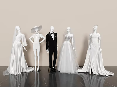 Elegant Mannequins Display White Wedding Gowns And Black Tuxedo Outfits 3d model