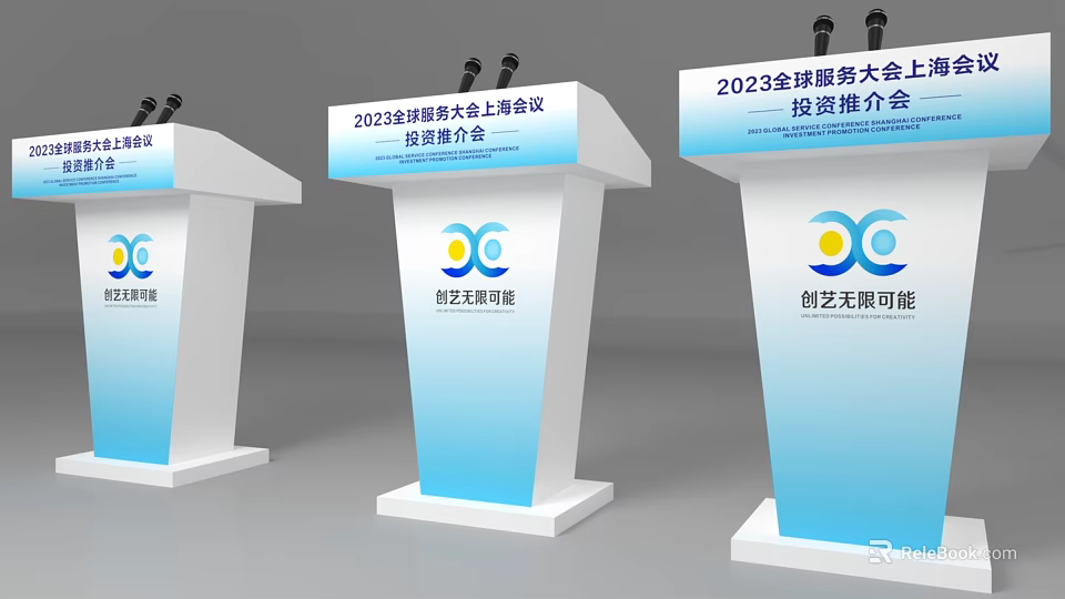 Functional Desk Podium for 2023 Global Service Conference with Microphones Logos and Text 3d model 