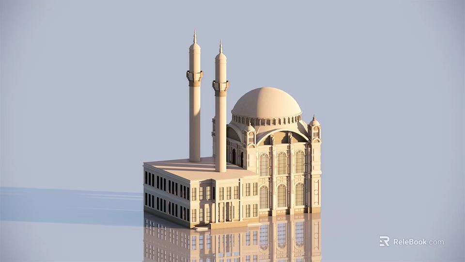 Beautiful Light Colored Mosque With Two Minarets And Dome Reflecting On Calm Water Surface 3d model