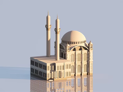 Beautiful Light Colored Mosque With Two Minarets And Dome Reflecting On Calm Water Surface 3d model