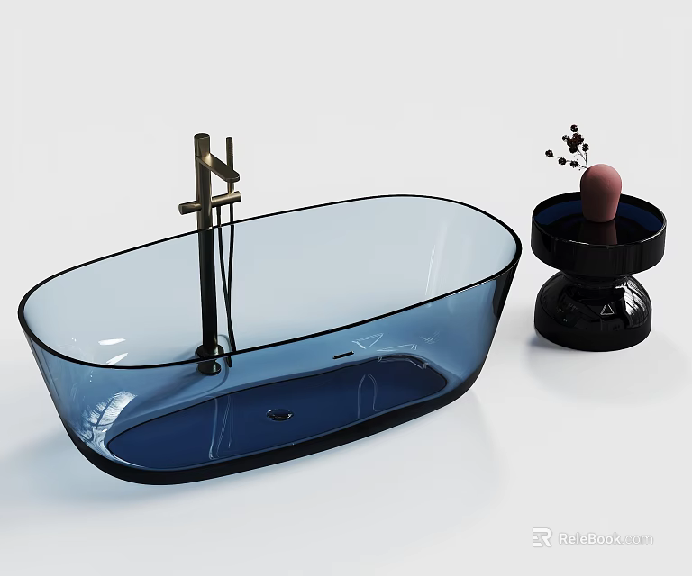 Transparent Blue Oval Bathtub With Black Base Pink Candle And Decorative Flowers 3d model 