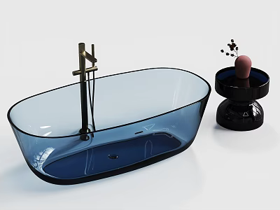 Transparent Blue Oval Bathtub With Black Base Pink Candle And Decorative Flowers 3d model