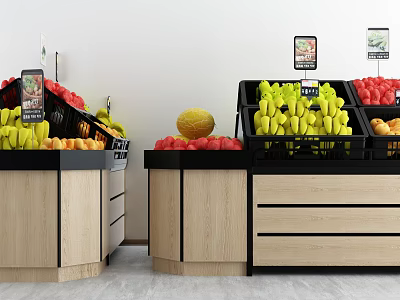 Fresh Fruit Display Shelves With Bananas Watermelon Tomatoes And Wooden Black Design In Retail Store 3d model