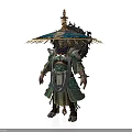 Mythical Warrior Figure with Ornate Green Gold Armor and Intricate Umbrella Canopy