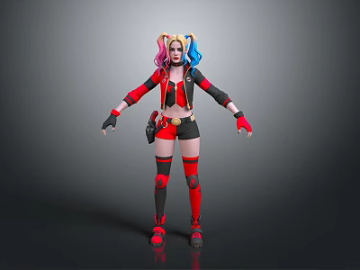 Colorful Female Character With Blue Pink Pigtails Red Black Jacket Shorts Gloves And Boots 3d model